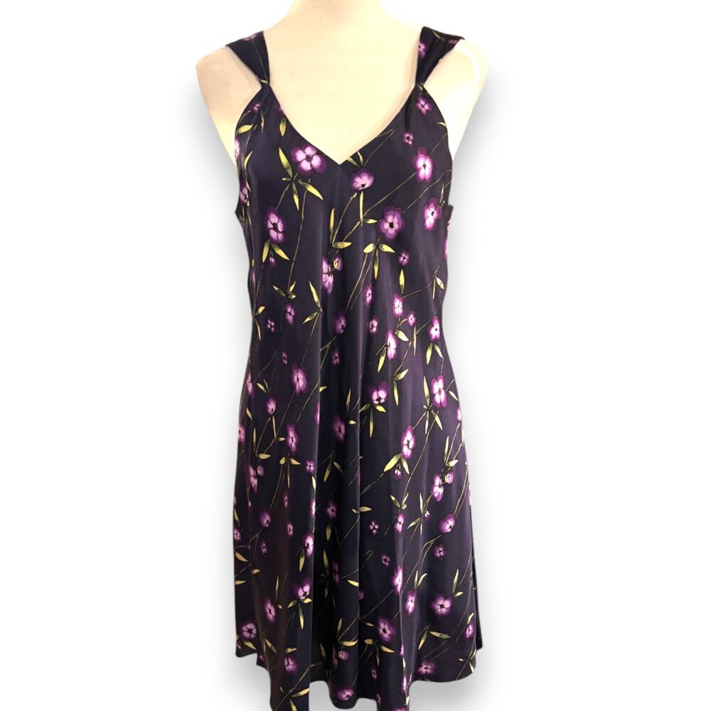 Valerie Stevens Vintage women's Pure‎ Silk navy floral lingerie slip dress sz M
